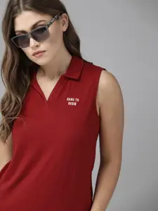 Roadster Women Burgundy Solid Polo Collar Pure Cotton T-shirt with Embroidered Detail