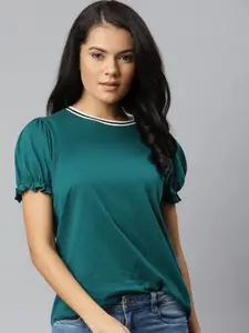 The Roadster Lifestyle Co Green Solid Pure Cotton Puff Sleeve Regular Top