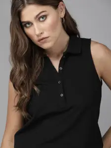 The Roadster Lifestyle Co Women Black Solid Polo Collar T-shirt