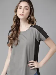 The Roadster Lifestyle Co Women Grey & Black Pure Cotton Relaxed Fit T-shirt with Side Slits