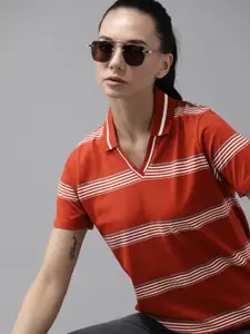 The Roadster Lifestyle Co Women Rust Orange  White Striped Polo Yarn Dyed Born to Roam Pure Cotton T-shirt