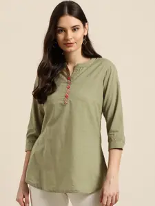 Sangria Olive Green Pure Cotton Shirt Style Top