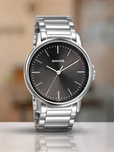 Sonata Men Black & Silver-Toned Analogue Watch 77083SM05W