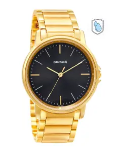 Sonata Men Black & Gold-Toned Analogue Watch 77083YM04W