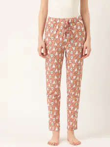 Sweet Dreams Peach-Coloured & White Cat Printed Cotton Lounge Pants