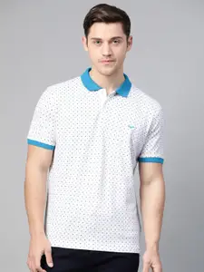 Park Avenue Men White & Blue Slim Fit Micro Ditsy Printed Polo Collar T-shirt