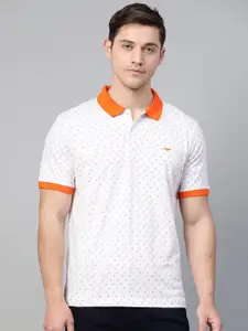 Park Avenue Men White  Coral Orange Slim Fit Pure Cotton Printed Polo Collar Pure Cotton T-shirt