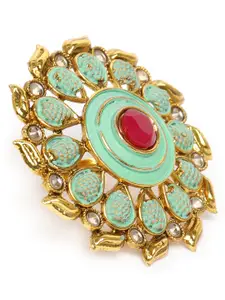 Zaveri Pearls Green Gold-Plated Meenakari Floral Adjustable Finger Ring