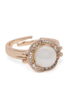 Zaveri Pearls Rose Gold-Plated Cubic Zirconia & Pearl Studded Adjustable Finger Ring