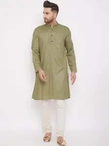 even Men Green Striped Straight Kurta