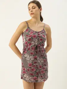 Clt.s Black & Peach-Coloured Printed Nightdress with Tie-Up Detail