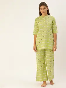 Clt.s Women Green & White Printed Night suit