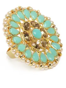Kord Store Turquoise Green Gold Plated Kundan Studded Adjustable Finger Ring