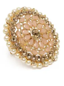 Kord Store Peach-Coloured Gold Plated Kundan Studded Adjustable Finger Ring