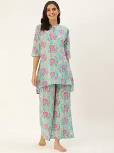 Clt.s Women Sea Green & Pink Floral Printed Night suit