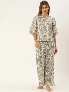 Clt.s Women White & Green Printed Night suit
