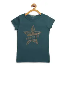 Pepe Jeans Girls Green Printed Round Neck Cotton Pure Cotton T-shirt