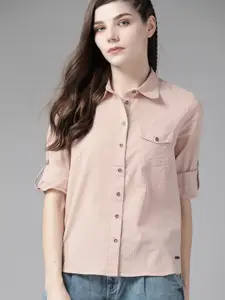 The Roadster Lifestyle Co Women Pink Pure Cotton Self Striped Casual Shirt