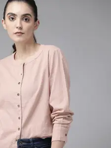 The Roadster Lifestyle Co Dusty Pink Striped Cotton Band Collar Shirt Style Seersucker Top