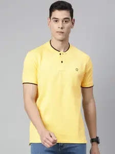 Urbano Fashion Men Yellow Solid Pure Cotton Henley Neck Pure Cotton T-shirt