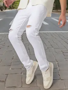 Urbano Fashion Men White Slim Fit Mid-Rise Slash Knee Stretchable Jeans