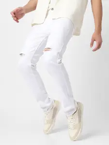 Urbano Fashion Men White Slim Fit Mid-Rise Slash Knee Stretchable Jeans