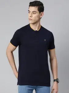 Urbano Fashion Men Navy Blue Solid Henley Neck Pure Cotton T-shirt