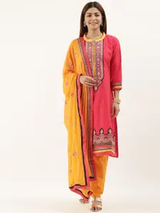 Kvsfab Pink & Yellow Embroidered Unstitched Dress Material