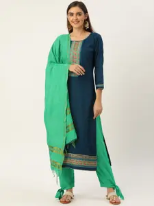 Kvsfab Blue & Green Cotton Blend Unstitched Dress Material