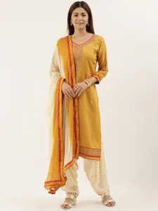 Kvsfab Mustard Yellow & Off-White Embroidered Unstitched Dress Material