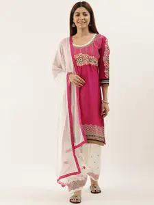 Kvsfab Pink & White Embroidered Unstitched Dress Material