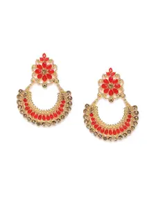 Kord Store Gold-Plated & Red LCT Stone Studded Crescent Shaped Chandbalis