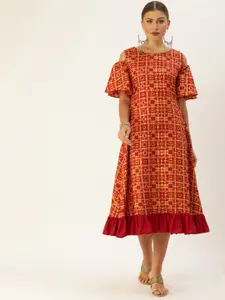 Ethnovog Women Orange  Yellow Printed Made To Measure A-Line Dress with Ruffles