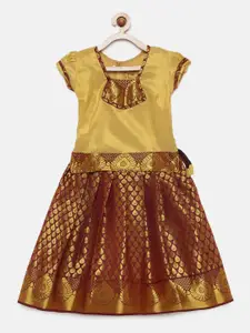 Baby Lakshmi Gold-Toned & Brown Ready to Wear Pattu Pavadai