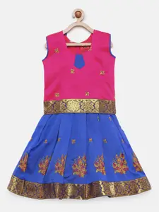 Baby Lakshmi Girls Pink & Blue Woven Design Ready to Wear Pattu Pavadai