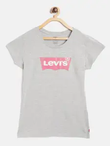 Levis Girls Grey Melange & Pink Brand Logo Print Round Neck T-shirt