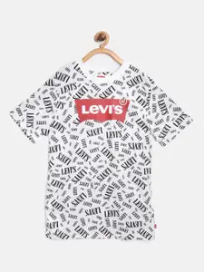 Levis Boys White & Black Brand Logo Print Pure Cotton Round Neck T-shirt