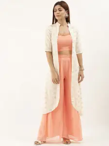 Ethnovog Women Peach-Coloured Solid Made To Measure Top with Palazzos  Jacket