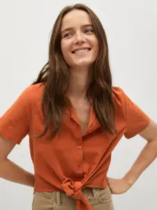 MANGO Women Rust Orange Regular Fit Solid Pure Cotton Casual Shirt