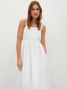 MANGO Women White Solid Pure Cotton A-Line Dress with Schiffli Embroidered Detail