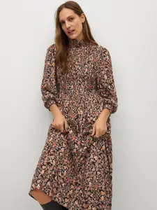 MANGO Women Black & Orange Sustainable Floral Print Smocked A-Line Dress
