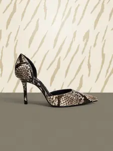 MANGO Women Brown & Off-White Snakeskin Textured Pumps