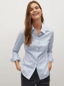 MANGO Women Blue Slim Fit Solid Smart Casual Shirt
