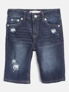 Levis Girls Navy Blue Washed Slim Fit Low-Distressed Denim Shorts