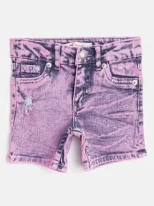 Levis Girls Pink & Navy Blue Washed Slim Fit Low-Distressed Denim Shorts