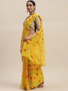 LADUSAA Yellow Poly Chiffon Printed Bandhani Saree