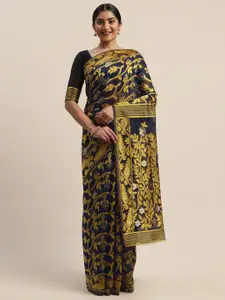 LADUSAA Mustard Yellow & Black Silk Cotton Woven Design Jamdani Saree