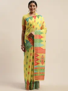 LADUSAA Yellow Silk Cotton Woven Design Jamdani Saree