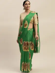LADUSAA Green & Off-White Printed Bandhani Saree