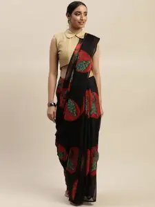 LADUSAA Black & Red Printed Saree